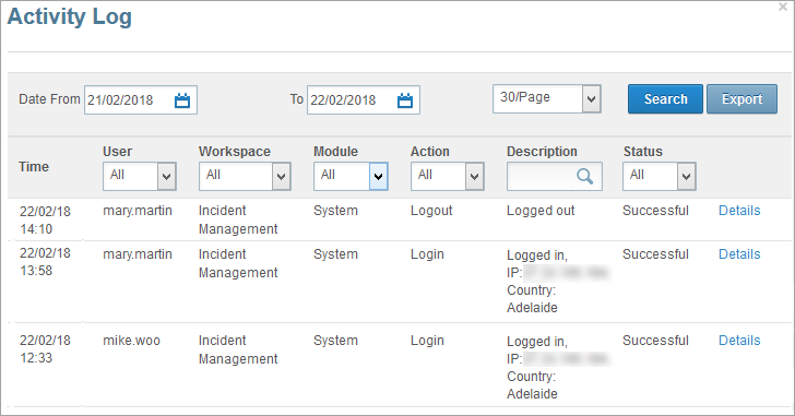 activity log page