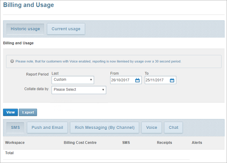 billing and usage page